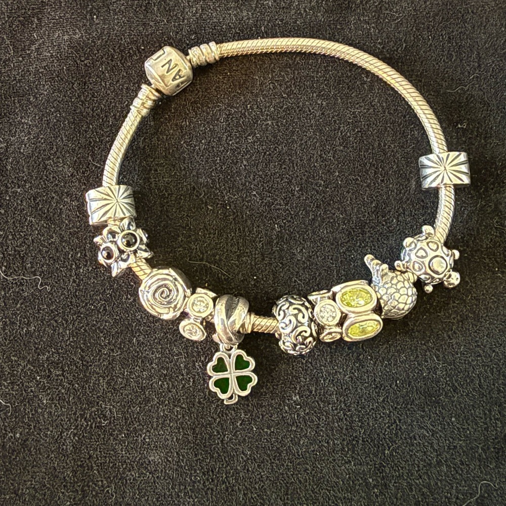 Pandora Silver Bracelet with 11 charms, 2 are clip charms